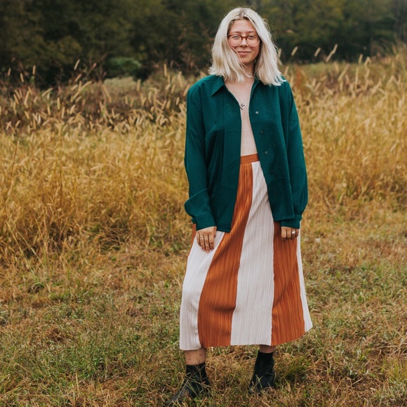 Burnt Orange Striped Silky Pleated Midi Skirt - Picture 2 of 3